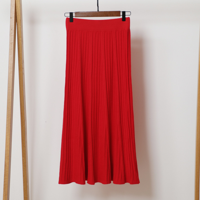 

2021 New Vintage Elegant Winter Women Sweater Skirt Elastic High Waist Pleated Midi Knitted A-line Female Solid Thick Skirts Q7ff, White