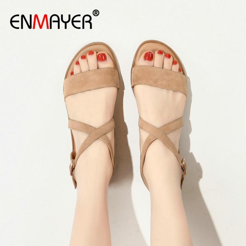 

ENMAYER Cow Suede Basic Casual Buckle Strap Flat Sandals Fashion Cover Heel Women Sandals 2020 Shoes Women Designers1, Beige