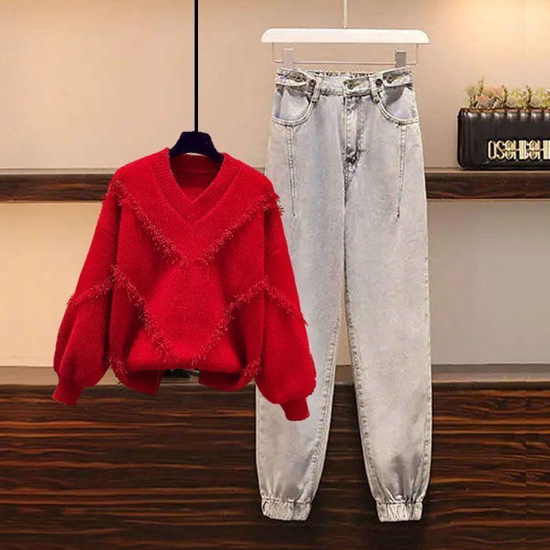 

2021 Spring Autumn Women 2 Pieces Set Female Solid Pullover Sweater and High Waist Straight Jeans Pant Suit Outfits Clothing Z361, Red set