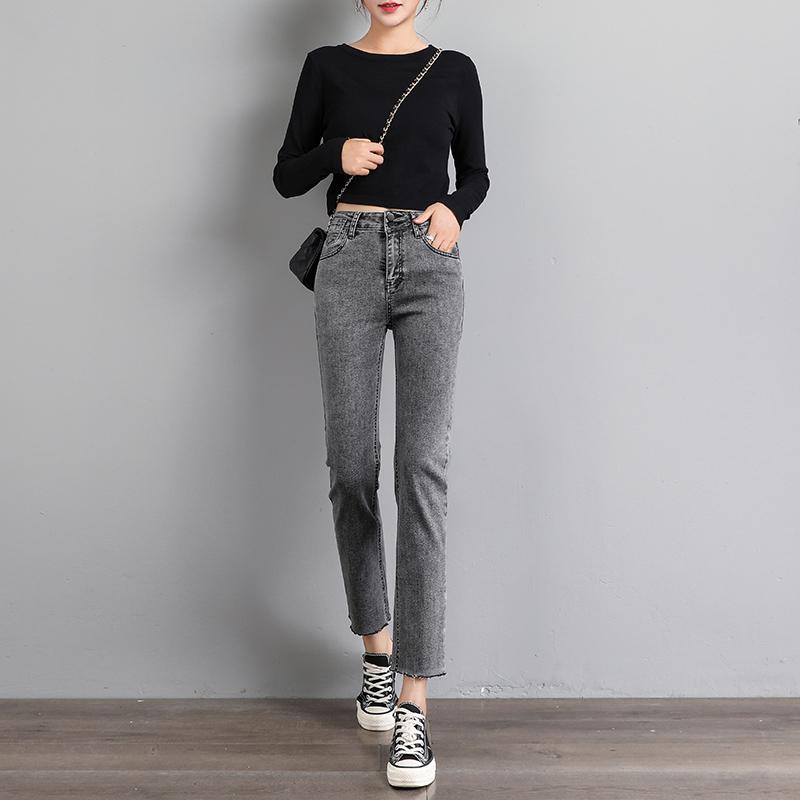 

Comfort Women High Waist Straight Jeans Female Jeansy Streetwear Skinny Trousers Lady Students Autumn Wide Legs Length Pants, Gray