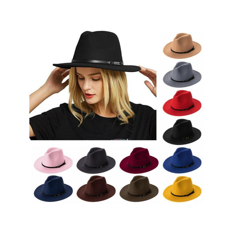 

Men Women Felt Belt Buckle Fedora Hats Wide Brim Outback Hat Panama Cowboy Caps Clothing Accessories Casual Solid Color, Black