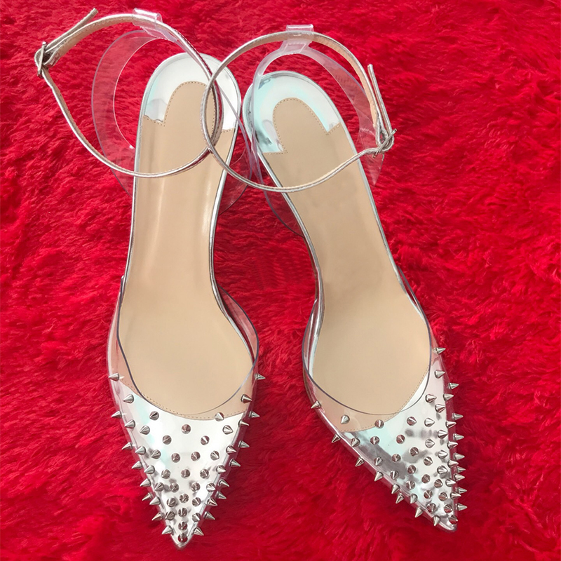 

Sending the Free of Fashions Women Silver Spikes Patent Leather Heels Strapped Ankle Sandals 10 Cm Jhxj, Silver 10cm