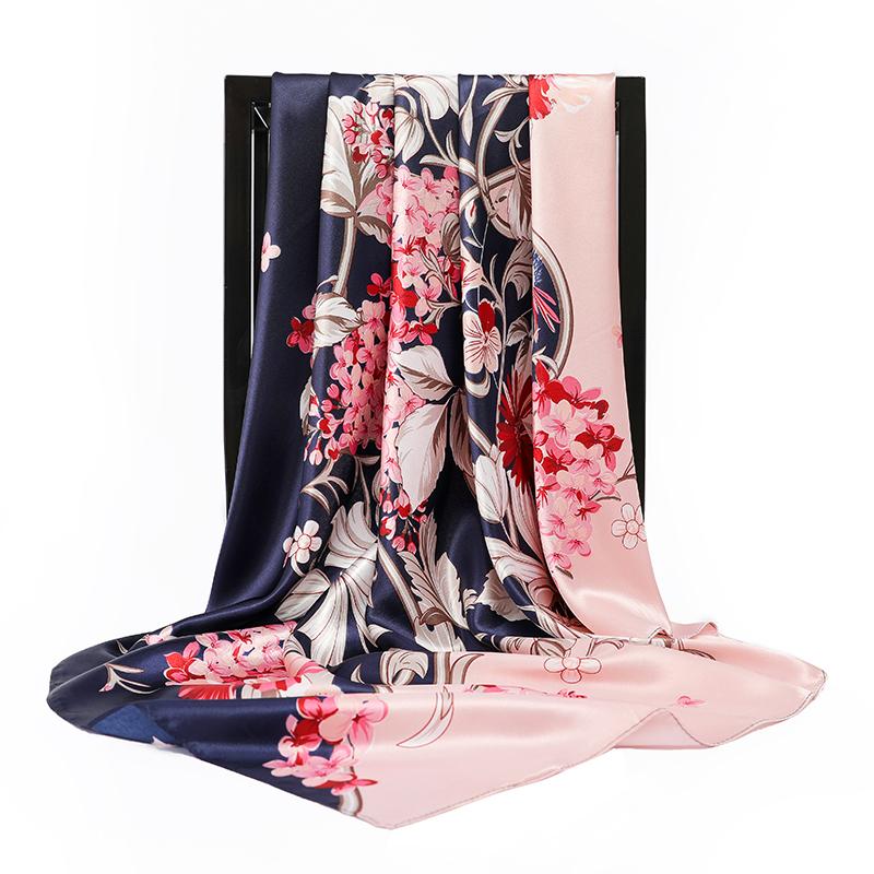 

Silk Scarves Women leaf Print Foulard Satin Square Head Hijab Scarf Ladies Shawls 90cm Bandana female muffler