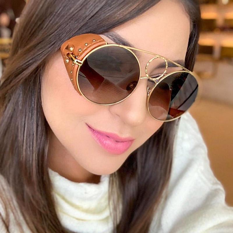 

Star Style Luxury Round Sunglasse Women Rivet Windshield Sun Glasses Ladies Brand Leather Design Sun Glasses Men