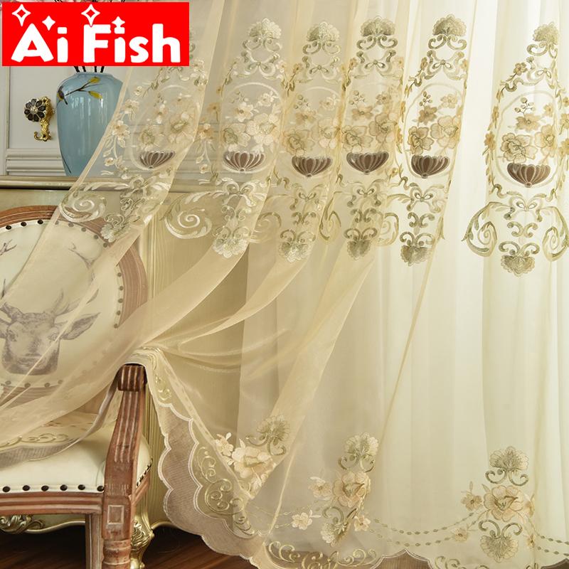 

White Luxury elegant Tulle Curtains for Living Room Beige embroidered Kitchen Sheer Curtains for Bedroom Window Tulle wp449#5, Beige tulle