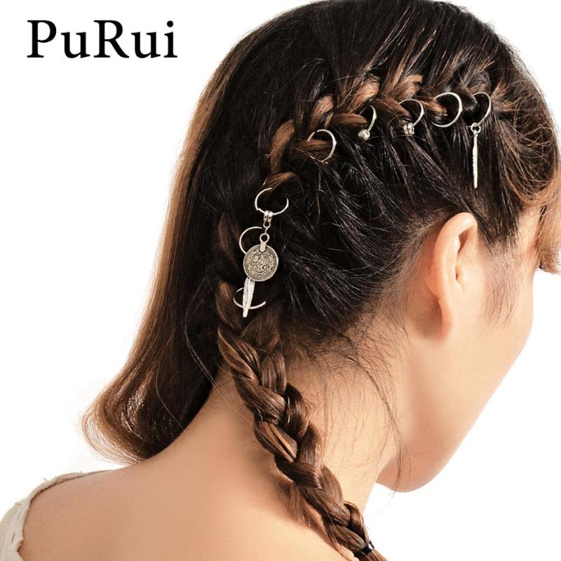 

PuRui 1 Lot Hair Braid Dreadlock Accessories Vintage Silver Color Feather Coin Charms Hair Rings Clip Beads Women Jewelry