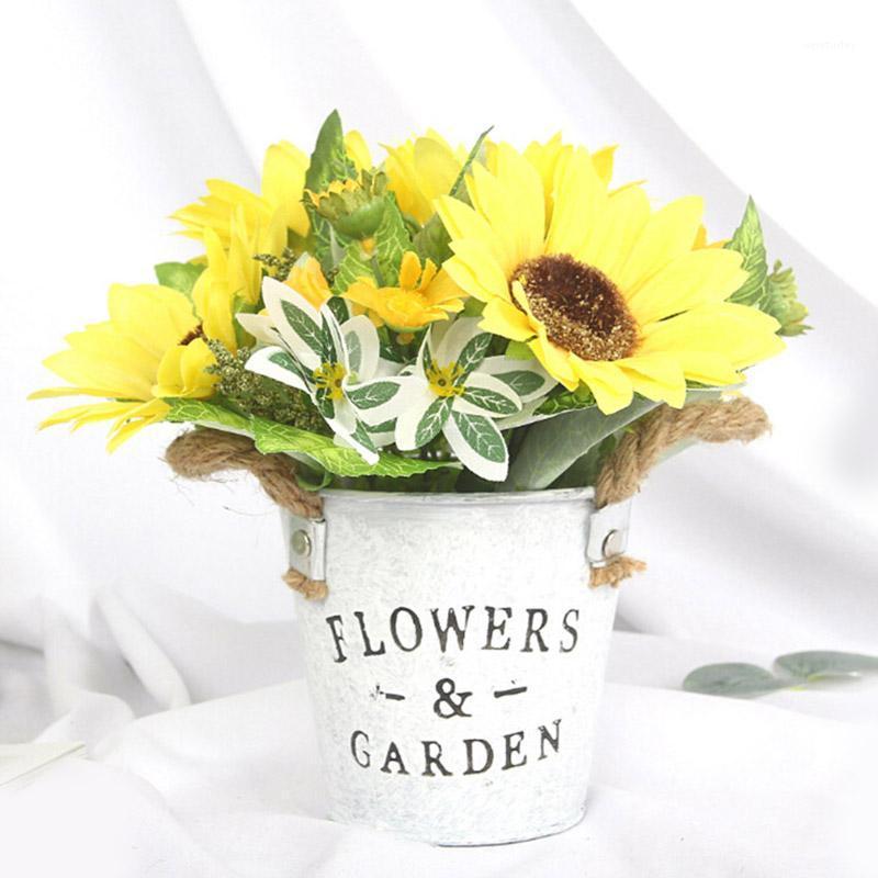 

Artificial Sunflowers Mini Bonsai with a Iron Vase Potted Plant for Wedding Decoration Fake Flowers Home Garden Party Supplies1, As shown
