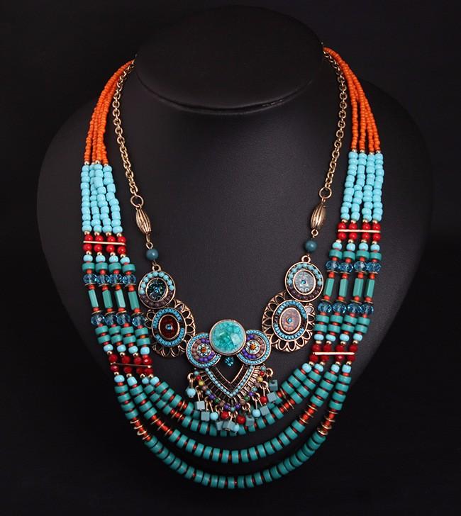 

Bohemian Vintage Necklace Multilayer Colorful Beads Bib Necklaces Blue resin Collar Statement Ethnic Necklaces
