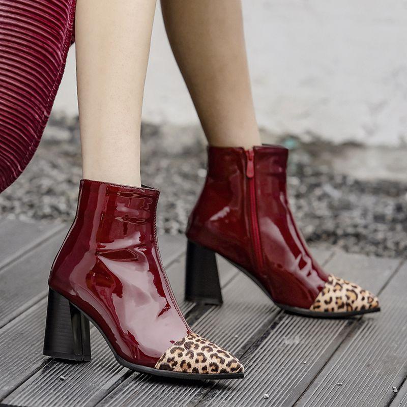 

COOLULU Women Pointed Toe Ankle Boots Leopard Boots Patent Leather Square High Heel Women Winter Shoes Fashion Size 34-48, Black