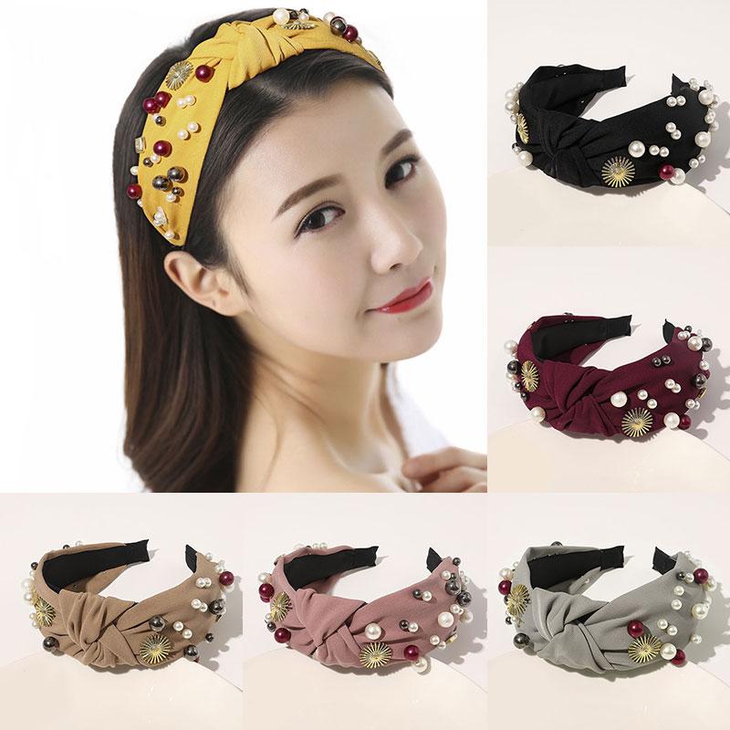 

Women Hair Accessories Imitation Pearl Rhinestones Hair Hoop Handmade Headwrap Cross Knotted Head Hoop Wide Side Headband