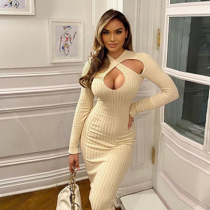 

4XL Sexy Women' Party Dresses Solid Casual Long Sleeve Round Neck Hollow Out Winter Slim 2020 Lady Bodycon Knee-length Dress, Beige