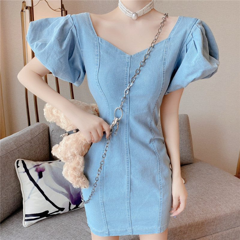 

2021 Thin Back Denim Ladies'dress Summer Elegant New Bubble Square Sleeve Neck Short Streetwear Mini Dress I3V4, Blue