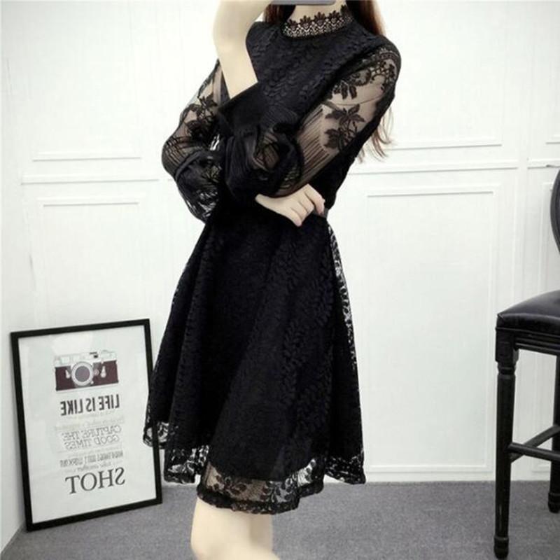 

2020 Spring Summer New Lace Dress Women' Long Sleeve O-necl Slim Your Waist Fashion Dress Office Lady Temperament1, Black