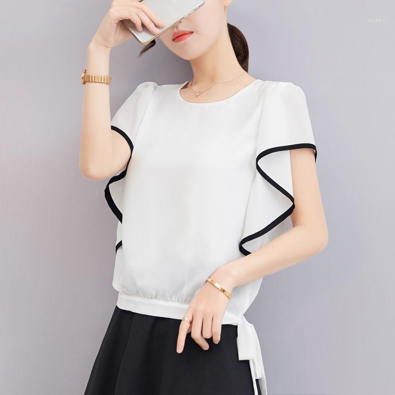 

Elegant Women' Spring Summer Style Blouses Women Short Sleeve O-neck Solid Ruffles Shirts Elegant Women' Casual Tops DF34311, Brown
