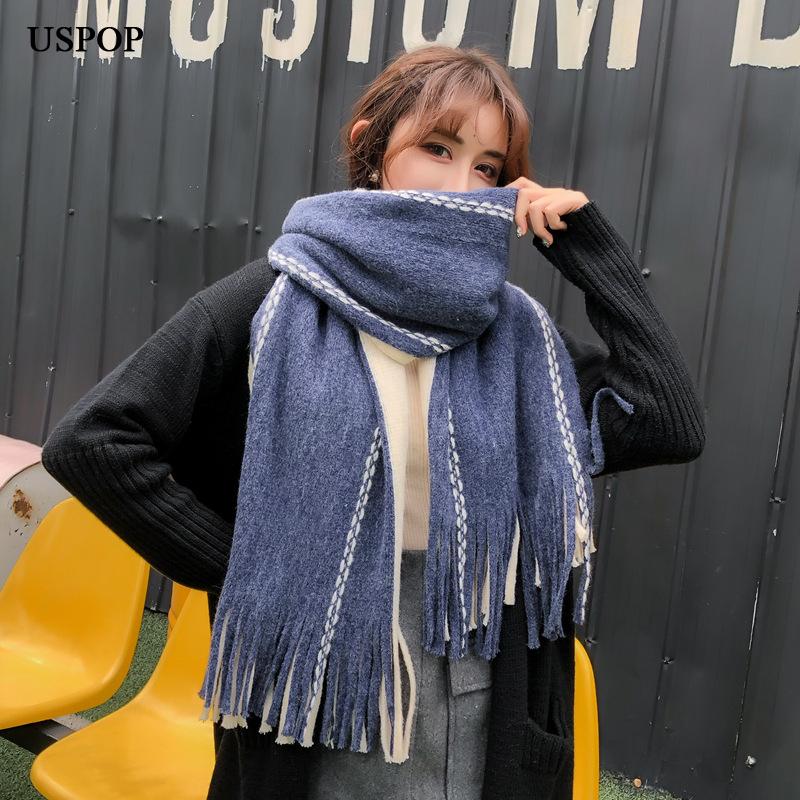 

USPOP New fashion women scarves large long female color blocking tassel scarf winter thick faux cashmere scaf