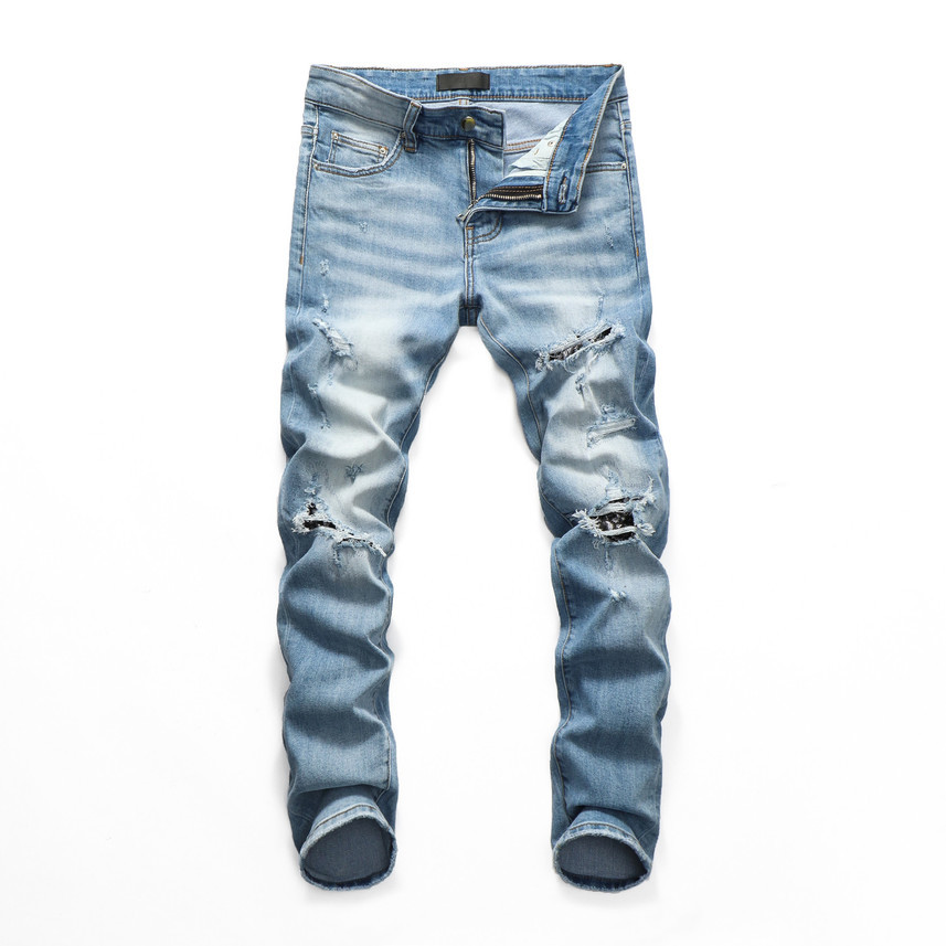 

Patch Detail Biker Fit Jeans Men Slim Motorcycle For Mens Vintage Distrsed Denim Jean @J-a32, Blue