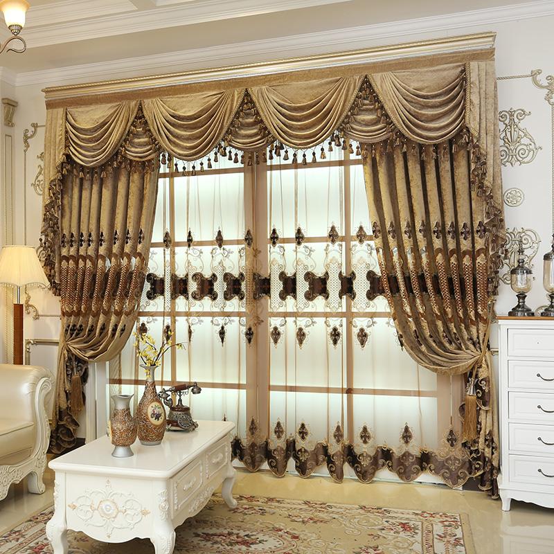 

Embroidered Coffee Chenille Curtains for Living Room Luxury European Tulle Curtains for Bedroom Window Kitchen