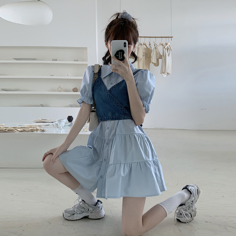 

2021 Portrait Puff Female Summer New Elegant Denim Vest and High Street Dress Fashion Two Short Dressed Pieces L8HQ, Blue