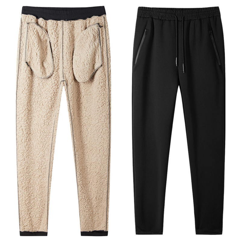 

2020 thick fleece hot straight men's casual pants warm winter velvet loose hoodie -7XL, Black