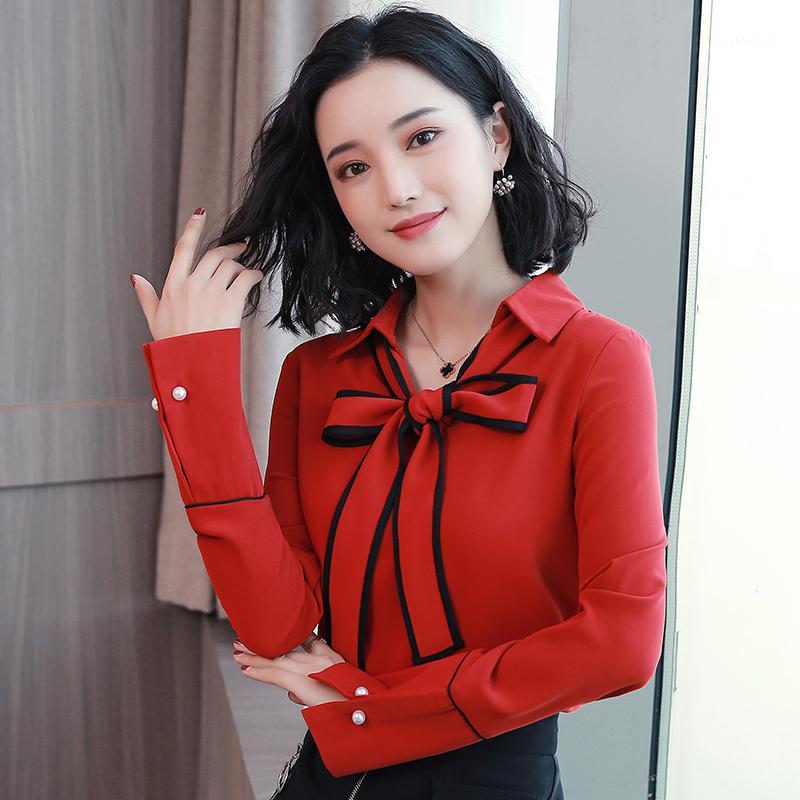 

2019 New Spring Fashion Women' Clothing Beading Flare Long Sleeves Shirts Bow Turn-down Collar Solid Color Chiffon Top Blouses1, Red