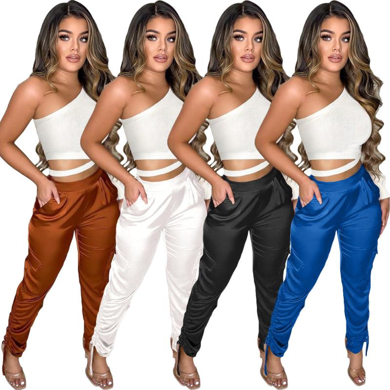 

New Street Style Casual Sweatpant Ankle-Length Pockets Sexy Skinny Long Pants Stretchy Cross Strap Bow Mid Waist Tracksuit Pants, Black