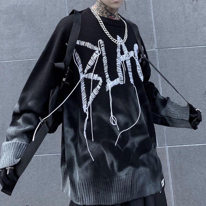 

Dark Tie Dye Men Knitted Sweater Retro Embroidery Hip Hop Pullover Streetwear Sweater Oversize Loose Top, White