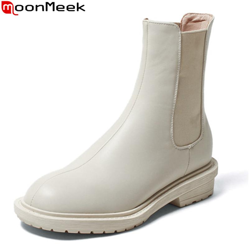 

MoonMeek 2021 Big size 33-43 women boots square toe round toe comfortable ankle boots autumn winter solid color shoes woman, Beige with fur
