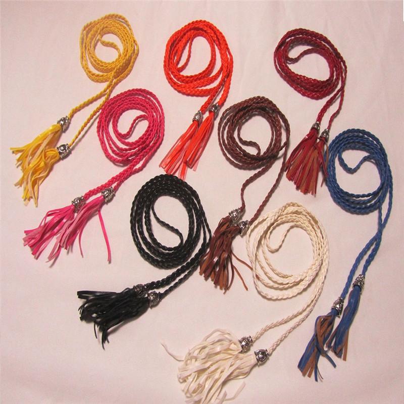

New Arrival PU Leather Tassel Fashion Ladies Braided Belt Self-Tie Thin Waist Rope Belt for Women Clothes Accessories 9 Colors, Black