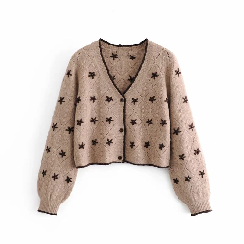 

2021 New Brown Flower Embroidery Knitted Women Winter Sweater Woman Vintage Bead Long Sleeve Argyle Cropped Cardigan Ee1v