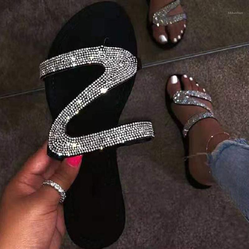 

2020 Women Summer Flat Slippers Rhinestone Shoes OpenToe Roman Beach Sandals Ladies Sexy Flip Flops Black Non-slip Slides1, Pink