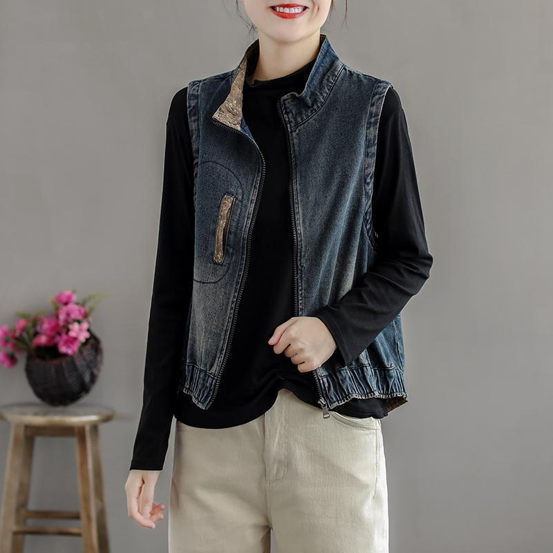 

Short down denim vest for vintage woman streetwear Shredded sleeveless jean jacket big size outwear mujer, Dark blue