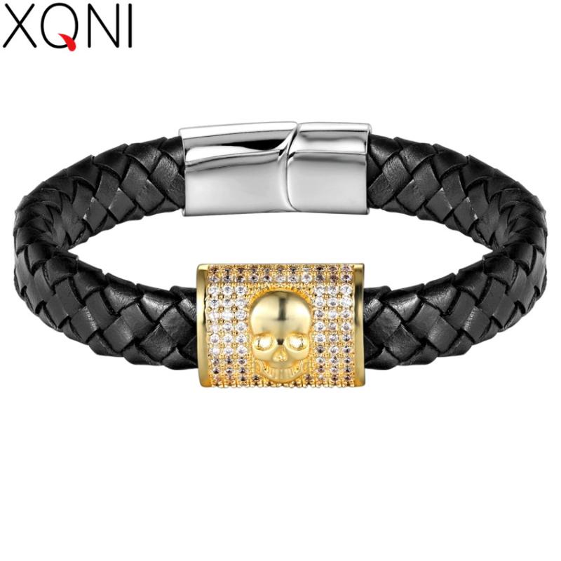 

XQNI Genuine Leather 316L Stainless Steel Skull Skeleton 4 Colors Men Leather Bracelet Male Punk Skeleton Jewelry