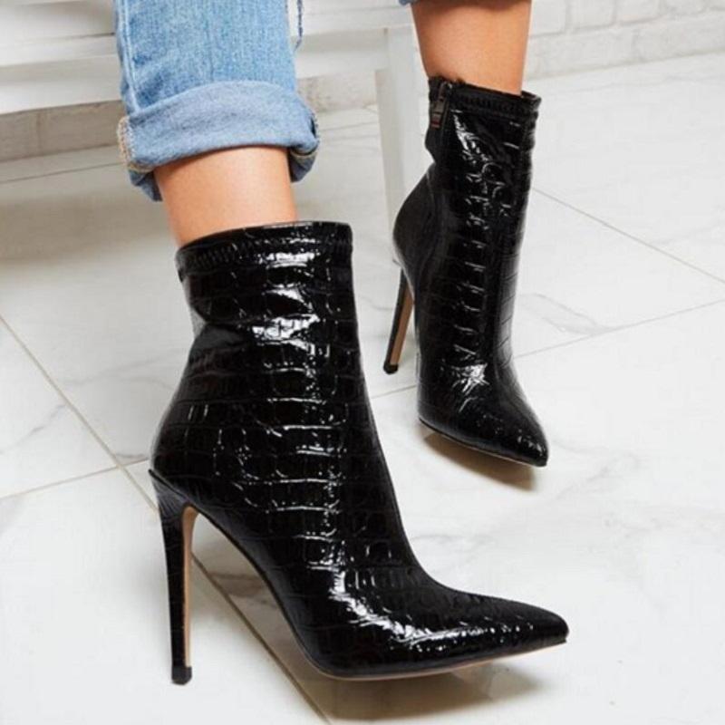 

New shoes woman autumn winter pu leather black ankle boots sexy high heels pointed toe ladies boots vintage short