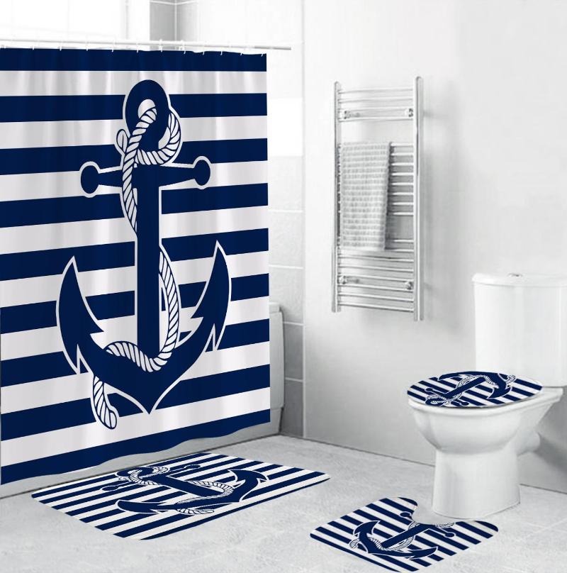 

Anchor Print Shower Curtain Base Carpet Cover Toilet Seat Bath Mat Set Bathroom With Hooked Curtain