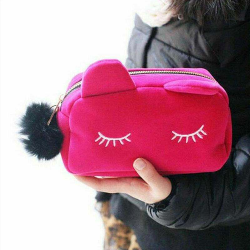 

New Cute Flannel Small Cosmetic Bag Ladies Makeup Cartoon Cat Storage Travel Storage Pen Holder Pen Bag Free Shipping, Black