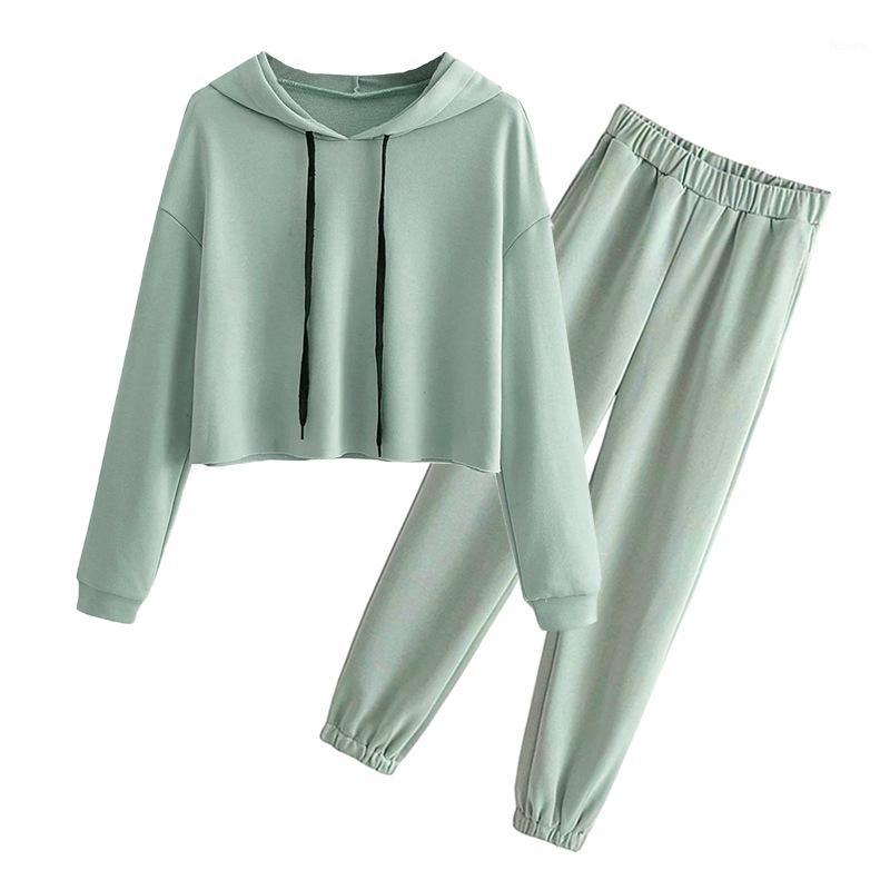 

Women Two Piece Set Top and Pants Cropped Hooded Hoodies with Elastic Waist Pants Solid Casual Ladies Blusas Mujer De Moda 20201, 8073-bean green top