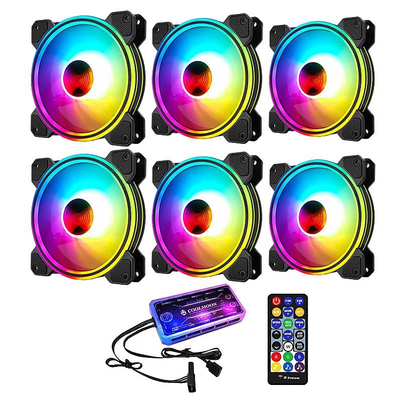 

COOLMOON RGB Case Fan, 12cm Multi-Layer Luminous Mute+Music Controller+Remote Control Computer Radiator Fan(6Pcs