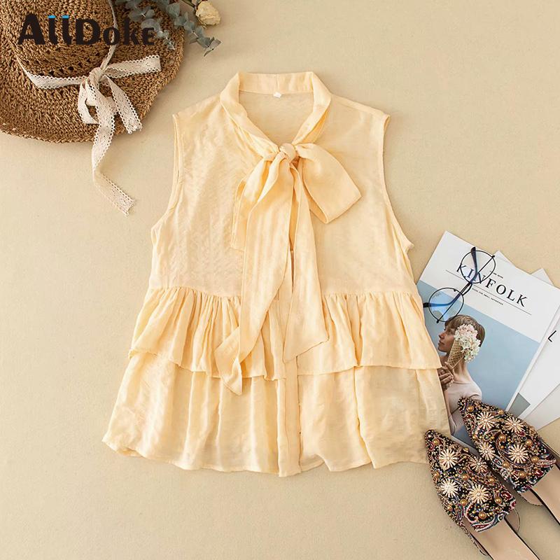 

ALLDOKE elegant ruffles bow blouse women summer streetwear sleeveless tops shirt femme ladies chiffon blouses blusas feminina, Yellow