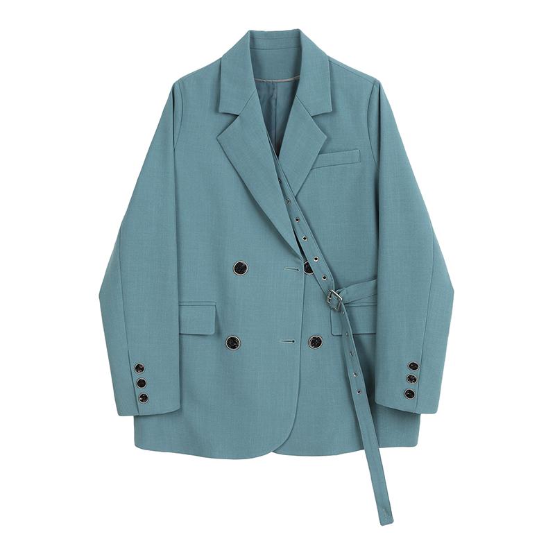 

Nice Color Double Breast Buttons Blazer Women Top Straps Buckle Design Retro Veste Femme Chaqueta Mujer, Sky blue
