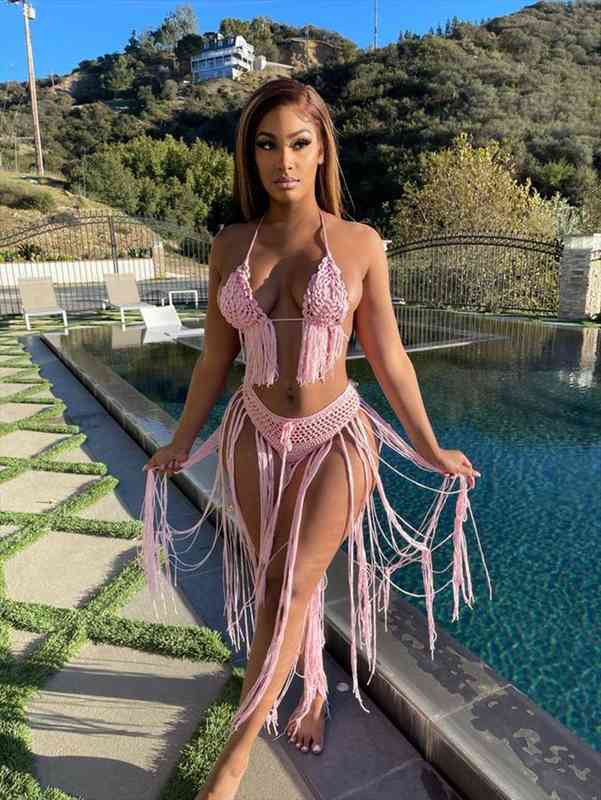 

S-xl Sexy Hand-knitted Two-piece Swimsuit Halter Cropped Top With Bandage Long Skirt Womens Summer Beachwear Tassel Club, Gray