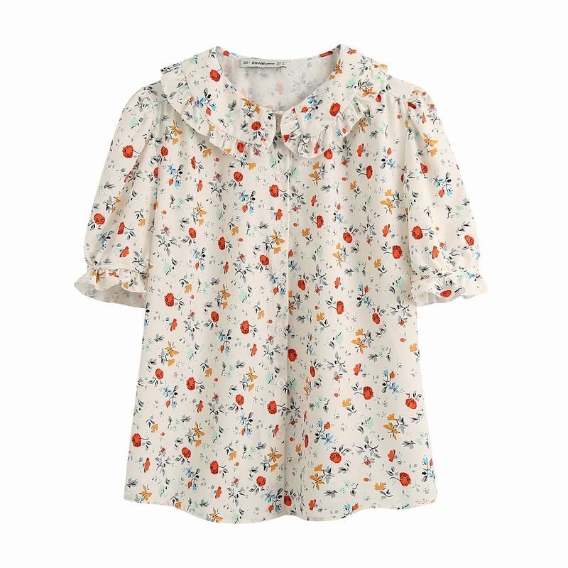 

Women Floral Shirt Blouse Summer 2021 New Fashion Short Sleeve Modern Girl Loose Shirts, White