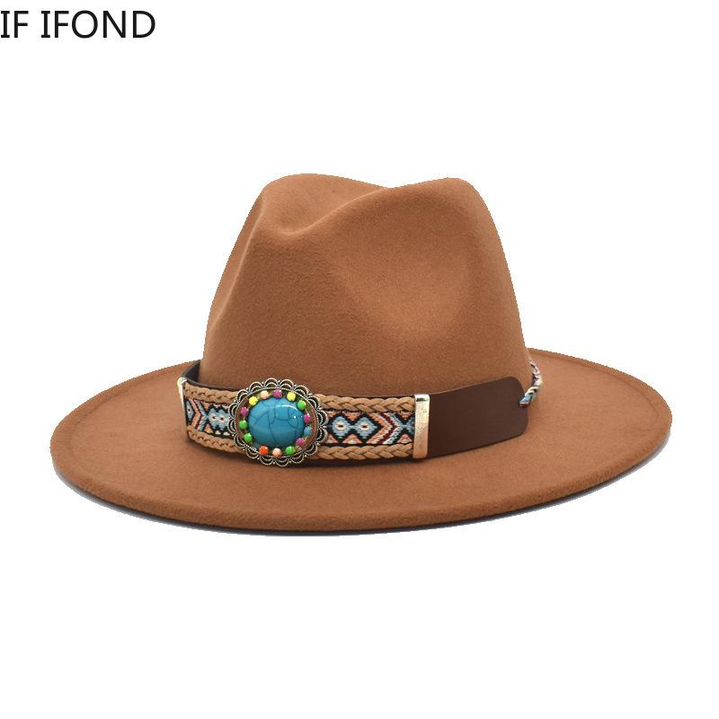 

Spring New Wide Brim Wool Felt Fedora Hat with Ethnic style Belt Buckle Jazz Trilby Cap Party Top Hat, Black