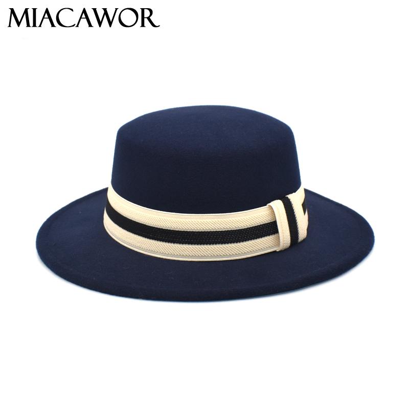 

Wide Brim Hats MIACAWOR Flat Top Hat Wool Ladies Ribbon Panama Fedora Jazz Autumn And Winter Felt Ha P30, Black