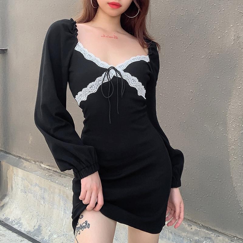 

Sexy Womens Lace Tie-Up Patchwork Long Sleeve Dress Sexy Solid Color Black Deep V Neck Ruffle Spring Autumn Cocktail Party Dress