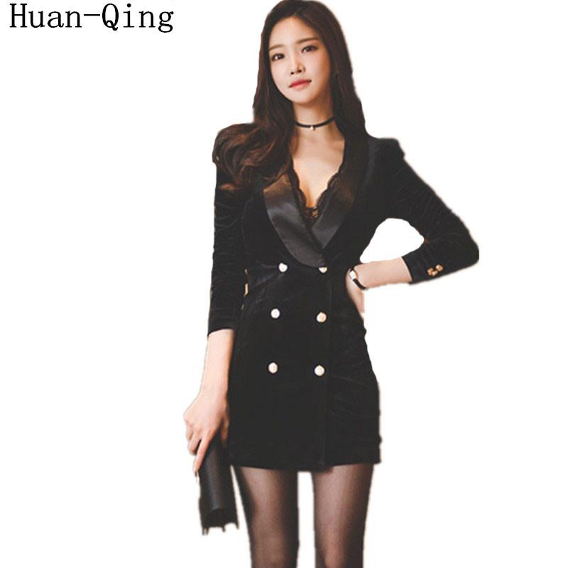 

Women' Suits & Blazers Office Lady Double Breasted Sexy Package Hip Black Autumn Long Sleeve Coat Blaser Femenino Outerwear