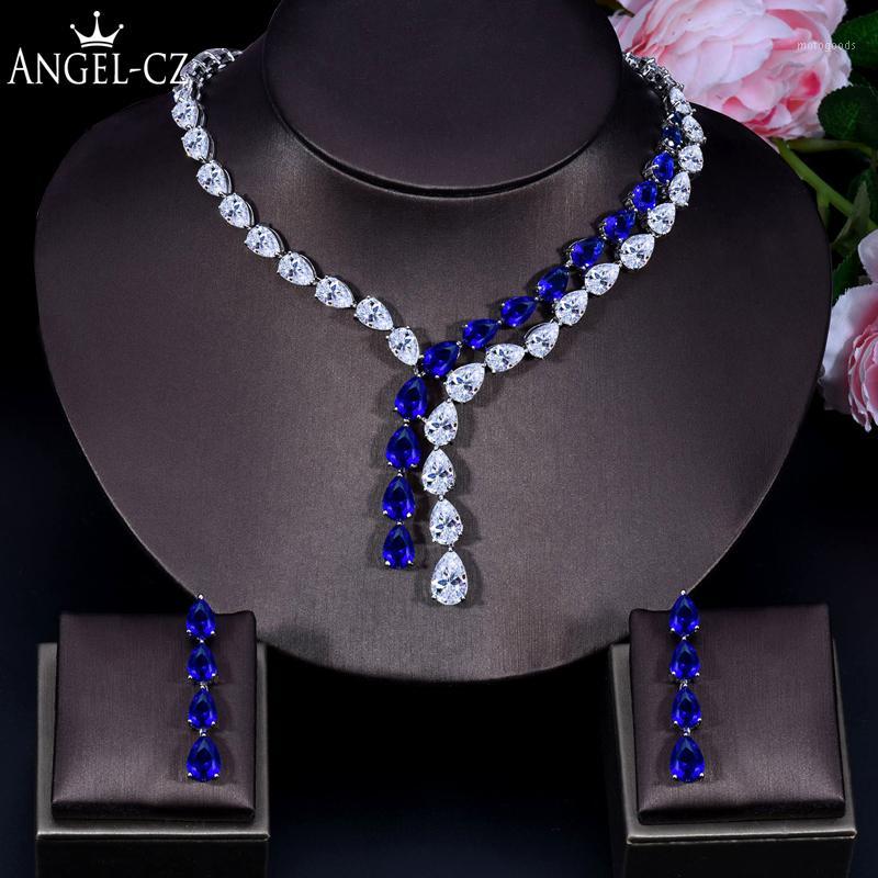 

Earrings & Necklace ANGELCZ Perfect Water Drop CZ Crystal Royal Blue Stone Bridal Long Tassel And Earring Women Evening Jewelry Sets 1981, As pic