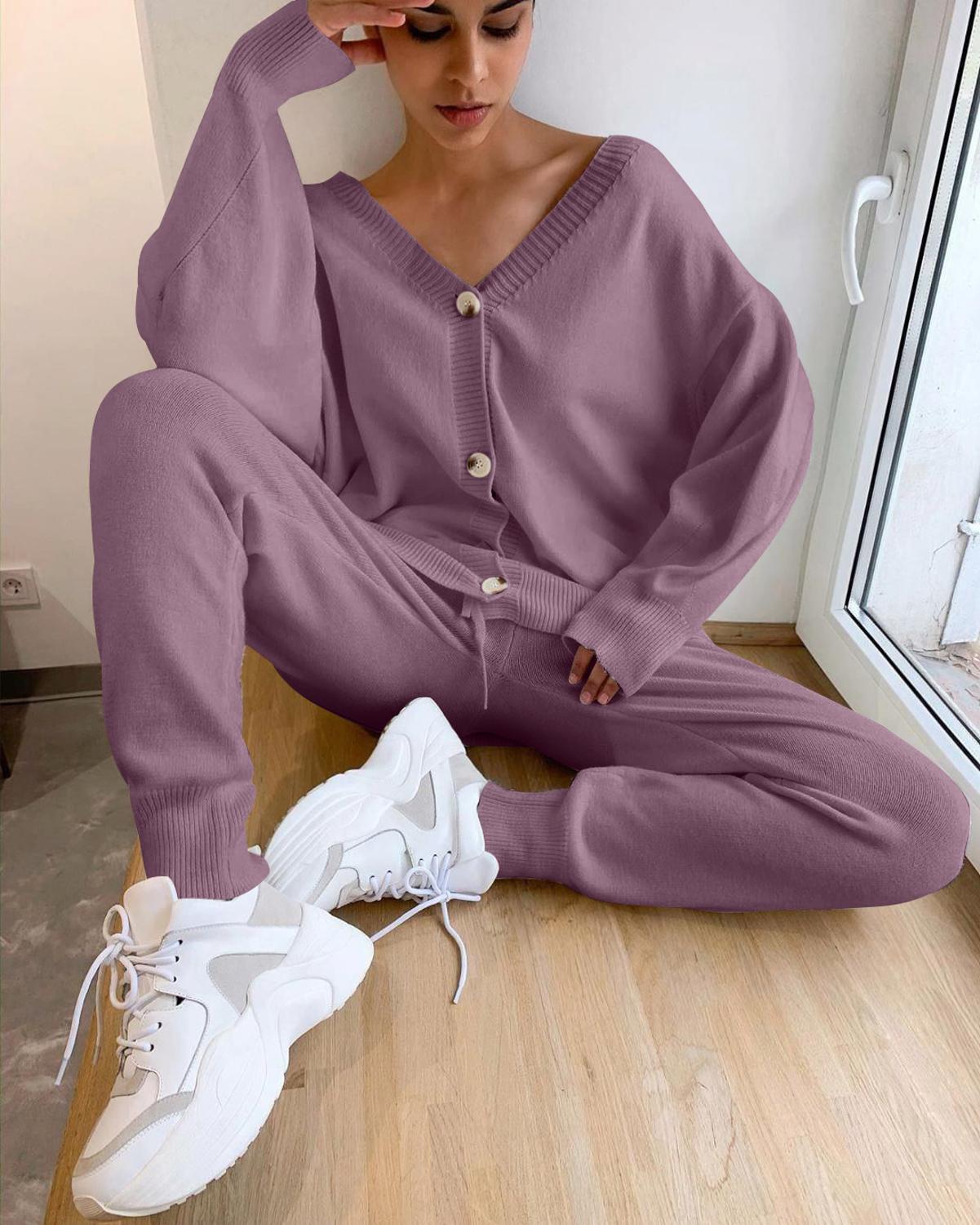 

2021 New Women's Sweaters Sets Suits Fashion Customes v Neck Cardigans Long Pants Track for Autumn Winter Woman Knitted Suit Kcdp, Navy blue