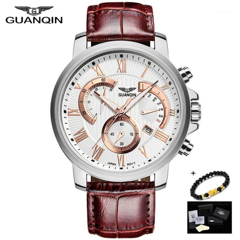 

original GUANQIN men automatic mechanical watch waterproof luxury automatic men clock week day leather mens casual wrist watch1, Silver white black