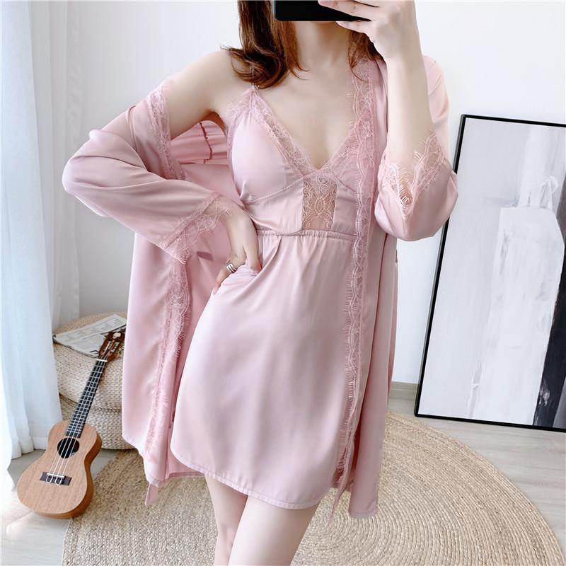

Autumn Women Pajamas Set Silk Nightwear Long Sleeved Satin Sleepwear Summer Sleep Clothing Sexy Ladies Bathrobe Sling Nightdress, Xb2702blue