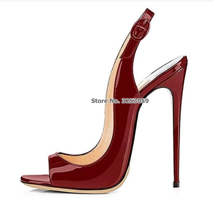 

ALMUDENA Hot Seeling Wine Red Pink Patent Leather 12cm High Heel Shoes Open Toe Slingback Buckle Strap Pumps Wedding Shoes Sale, As picture